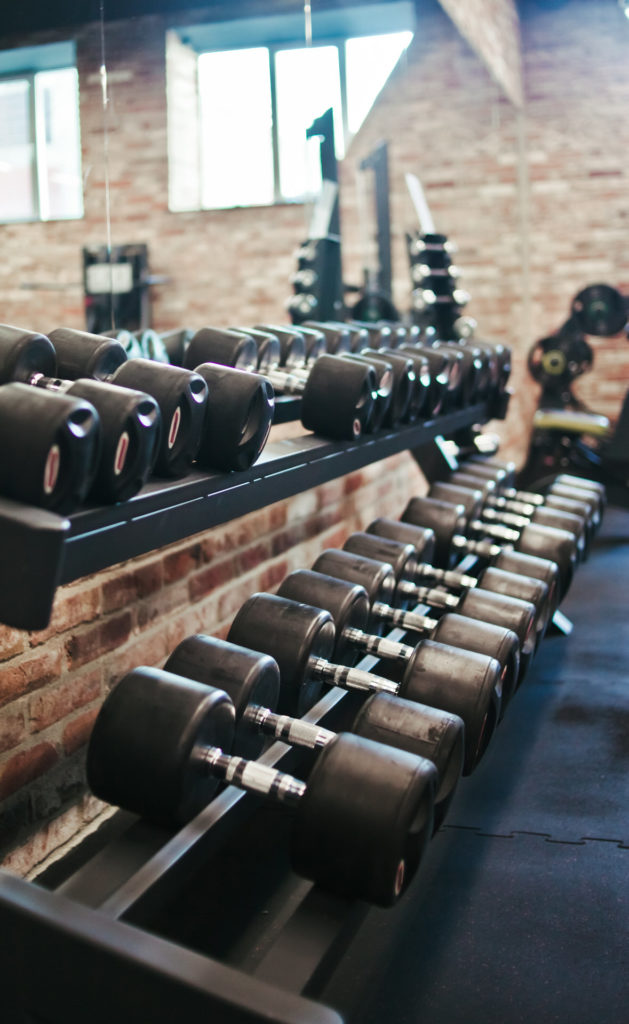 Set of black dumbbell with metal handles on a rack in the gym. Free weights training, bodybuilding